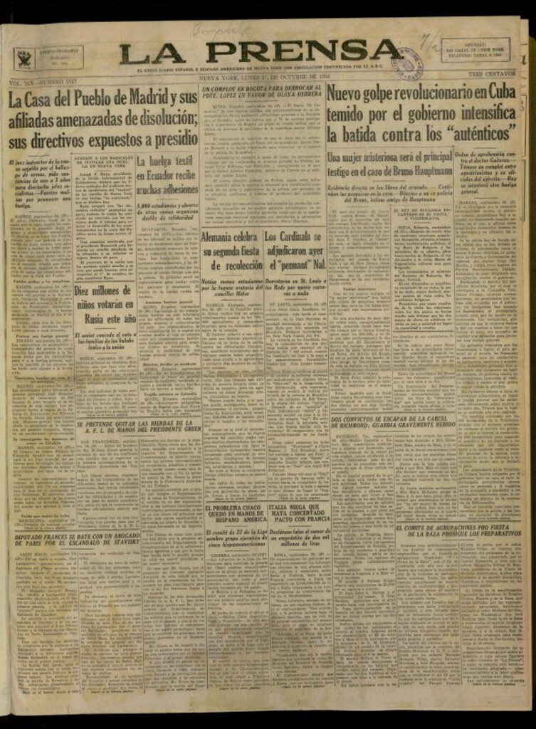 Miniatura de La Prensa: único diario español e hispano americano en Nueva York del 1 de octubre de 1934, nº5517