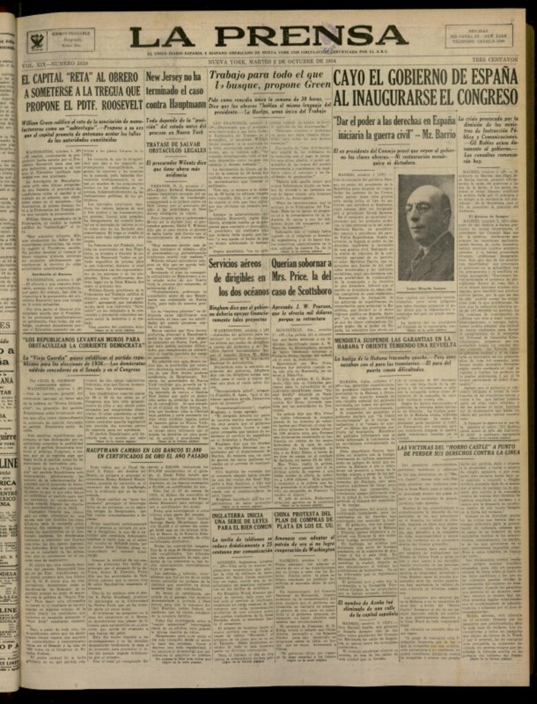 Miniatura de La Prensa: único diario español e hispano americano en Nueva York del 2 de octubre de 1934, nº 5518