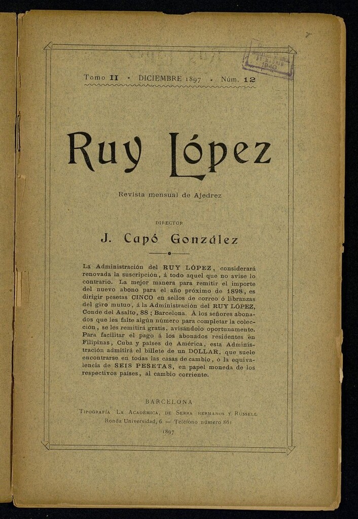 Miniatura de Ruy Lopez, de diciembre de 1897, nº 12