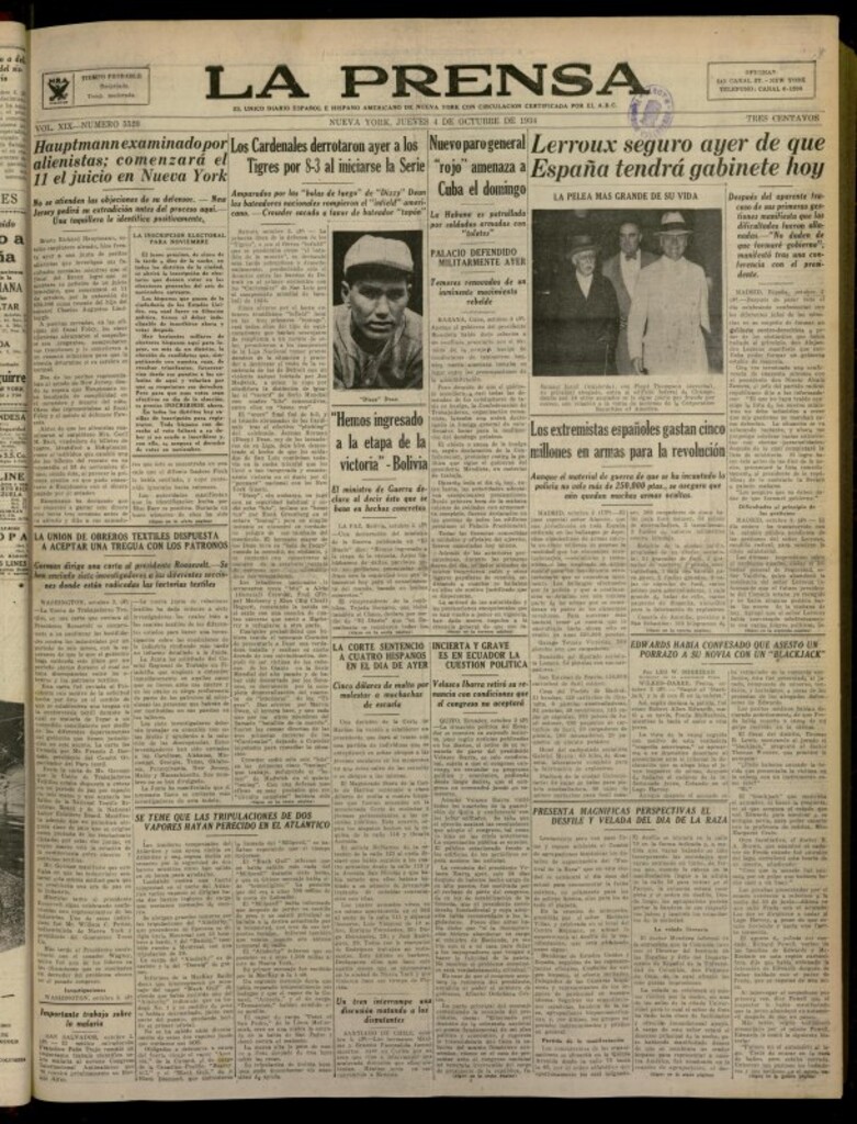 Miniatura de La Prensa: único diario español e hispano americano en Nueva York del 4 de octubre de 1934, nº 5520