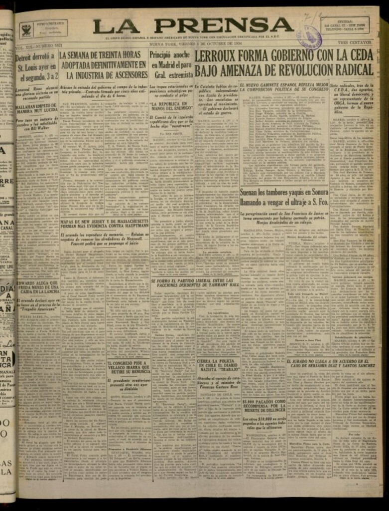 Miniatura de La Prensa: único diario español e hispano americano en Nueva York del 5 de octubre de 1934, nº 5521