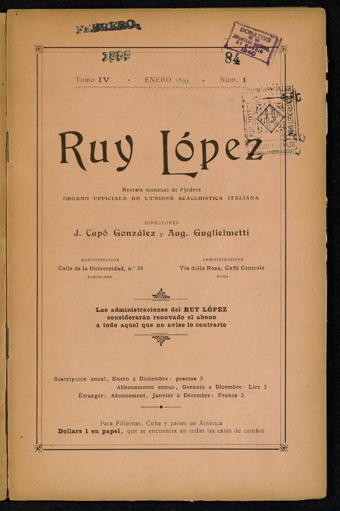 Miniatura de Ruy Lopez, de enero de 1889, nº 1