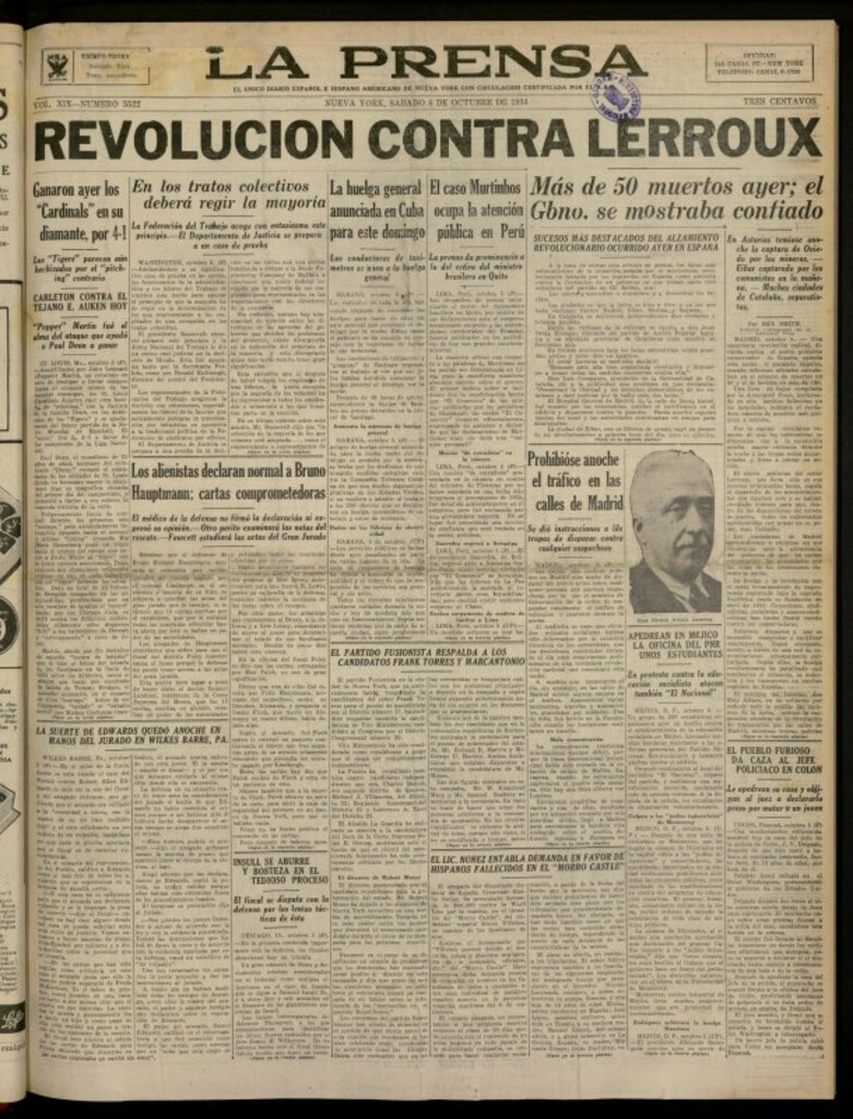 Miniatura de La Prensa: único diario español e hispano americano en Nueva York del 6 de octubre de 1934, nº 5522