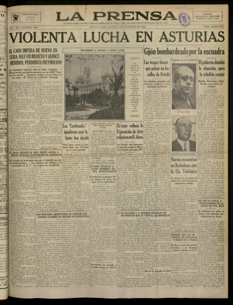 Miniatura de La Prensa: único diario español e hispano americano en Nueva York del 9 de octubre de 1934, nº 5524