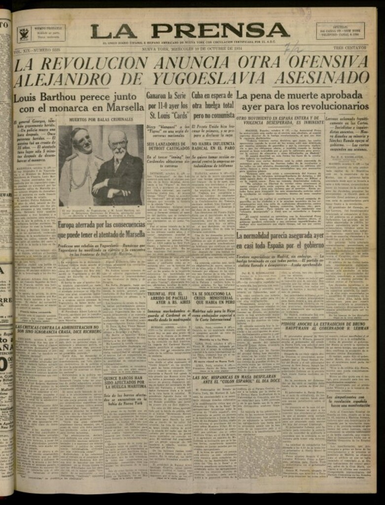 Miniatura de La Prensa: único diario español e hispano americano en Nueva York del 10 de octubre de 1934, nº 5525