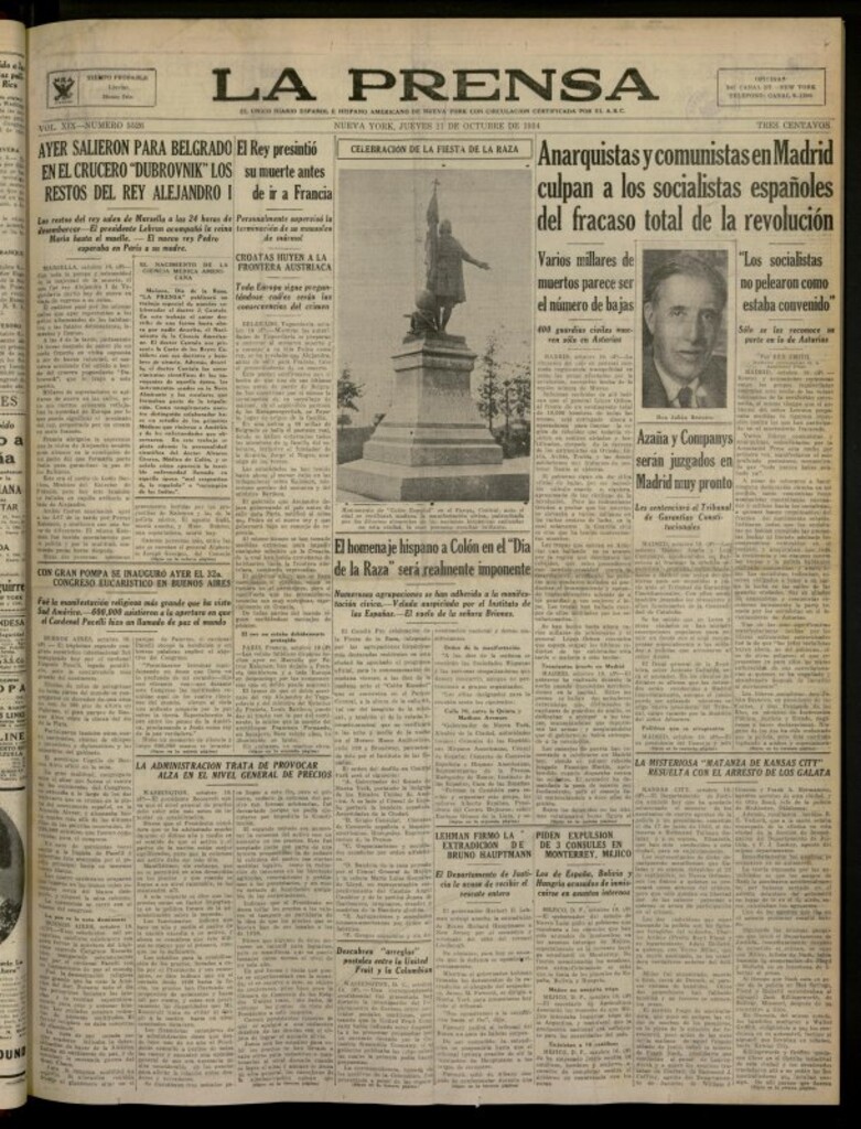 Miniatura de La Prensa: único diario español e hispano americano en Nueva York del 11 de octubre de 1934, nº 5526