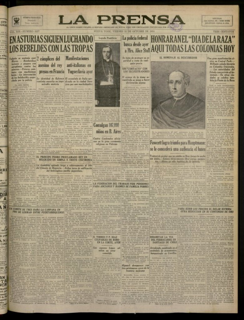 Miniatura de La Prensa: único diario español e hispano americano en Nueva York del 12 de octubre de 1934, nº 5527