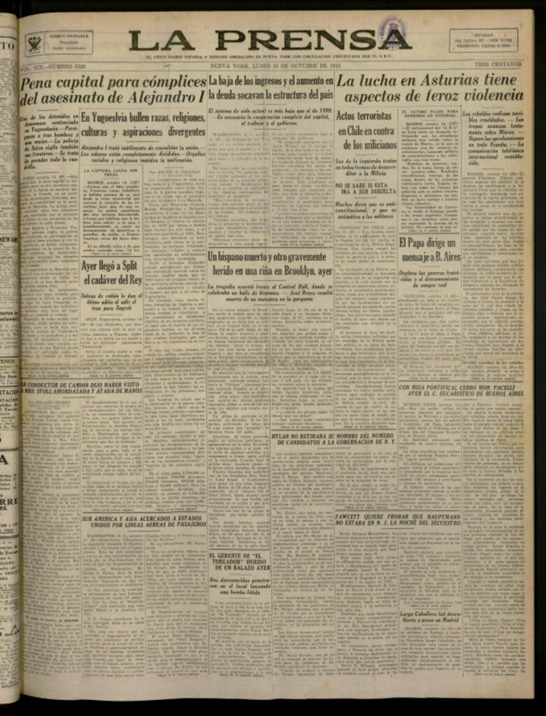 Miniatura de La Prensa: único diario español e hispano americano en Nueva York del 15 de octubre de 1934, nº 5529