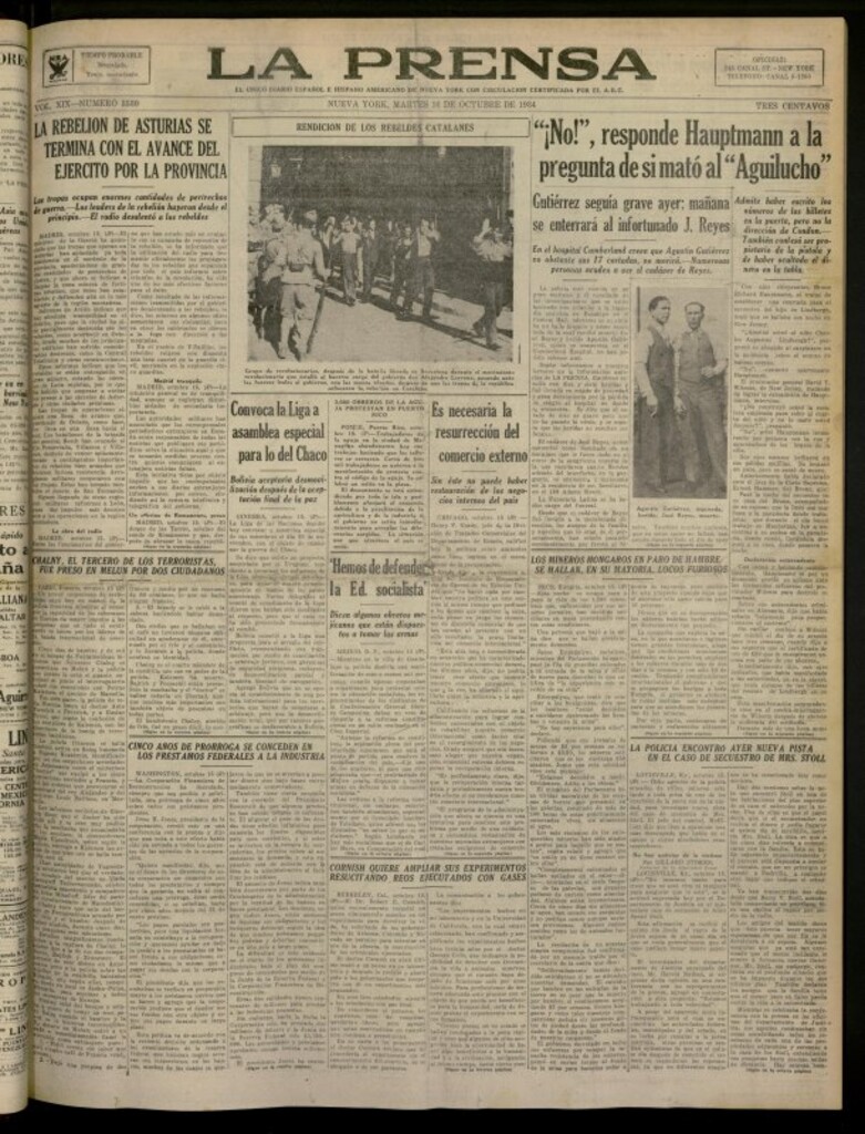 Miniatura de La Prensa: único diario español e hispano americano en Nueva York del 16 de octubre de 1934, nº 5530