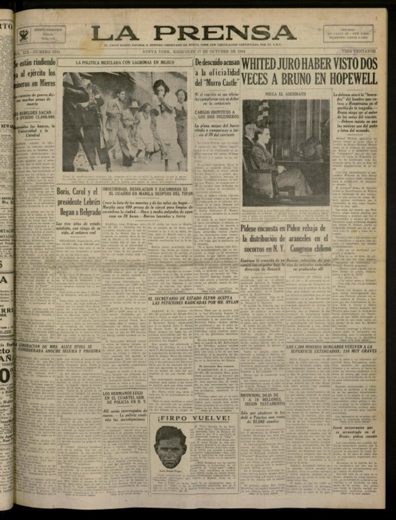 Miniatura de La Prensa: único diario español e hispano americano en Nueva York del 17 de octubre de 1934, nº 5531