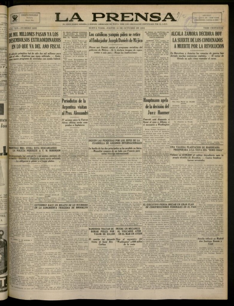 Miniatura de La Prensa: único diario español e hispano americano en Nueva York del 18 de octubre de 1934, nº 5532