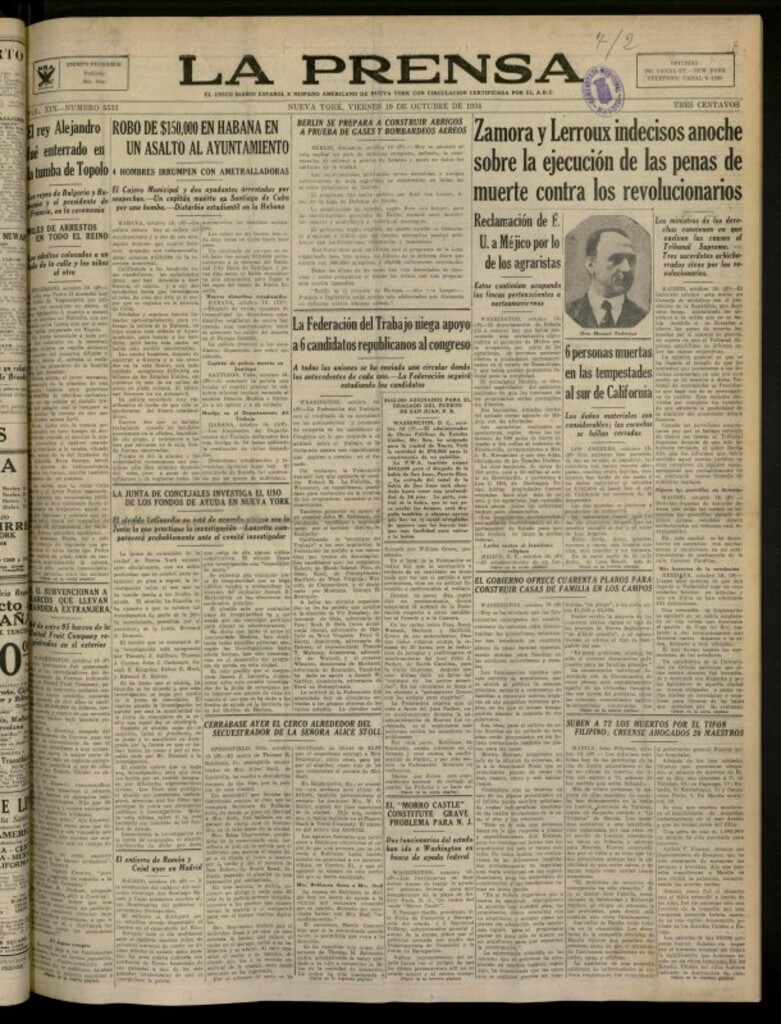 Miniatura de La Prensa: único diario español e hispano americano en Nueva York del 19 de octubre de 1934, nº 5533
