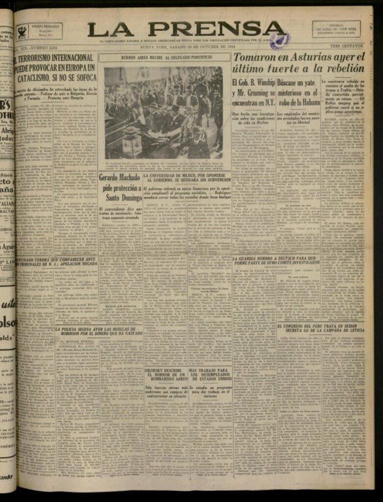 Miniatura de La Prensa: único diario español e hispano americano en Nueva York del 20 de octubre de 1934, nº 5534