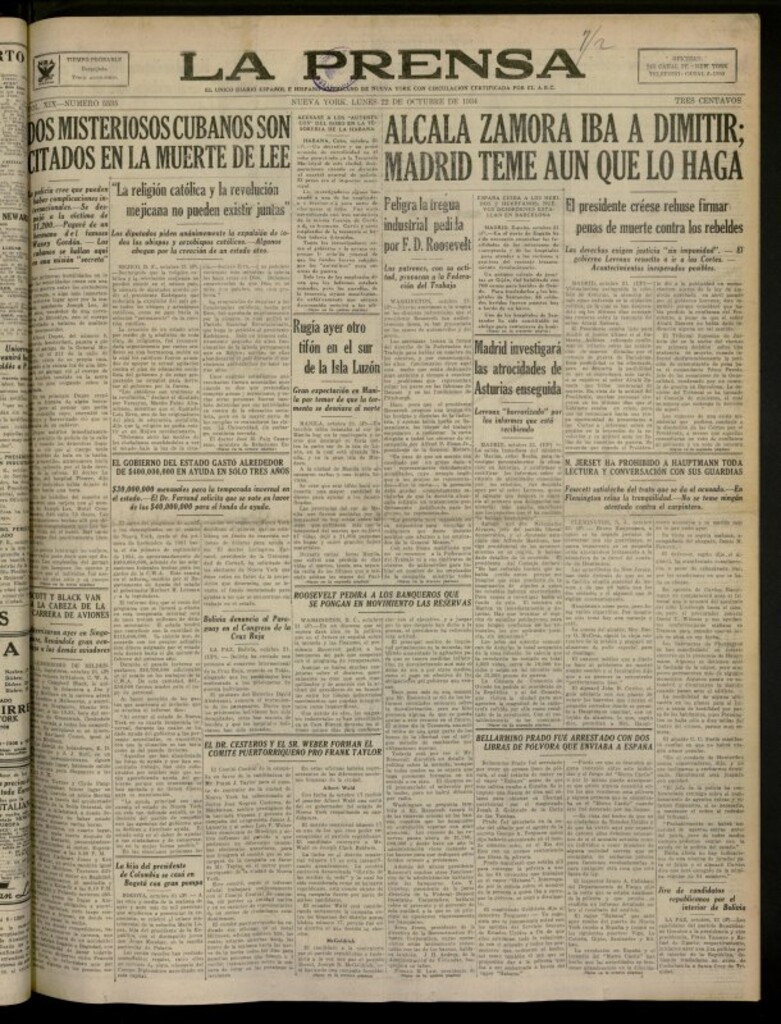 Miniatura de La Prensa: único diario español e hispano americano en Nueva York del 22 de octubre de 1934, nº 5535