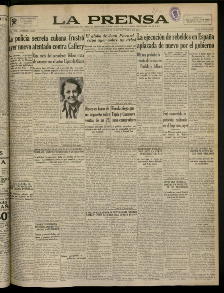 Miniatura de La Prensa: único diario español e hispano americano en Nueva York del 24 de octubre de 1934, nº 5537