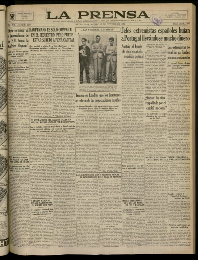 Miniatura de La Prensa: único diario español e hispano americano en Nueva York del 27 de octubre de 1934, nº 5540