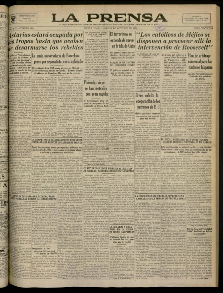 Miniatura de La Prensa: único diario español e hispano americano en Nueva York del 29 de octubre de 1934, nº 5541