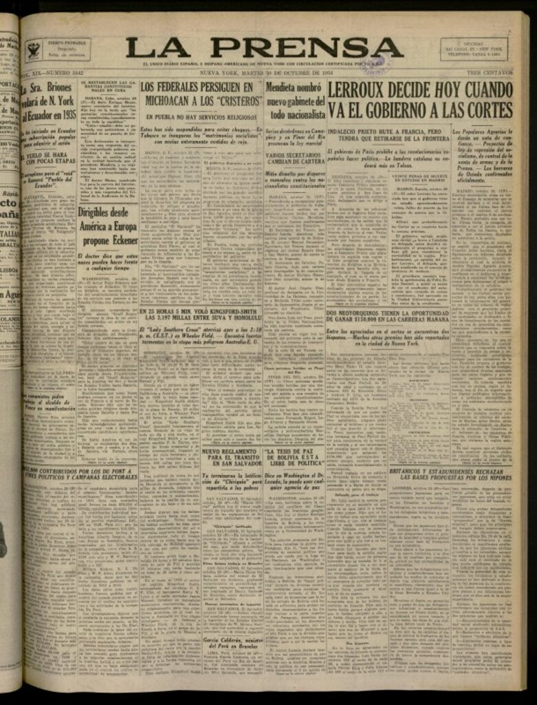Miniatura de La Prensa: único diario español e hispano americano en Nueva York del 30 de octubre de 1934, nº 5542
