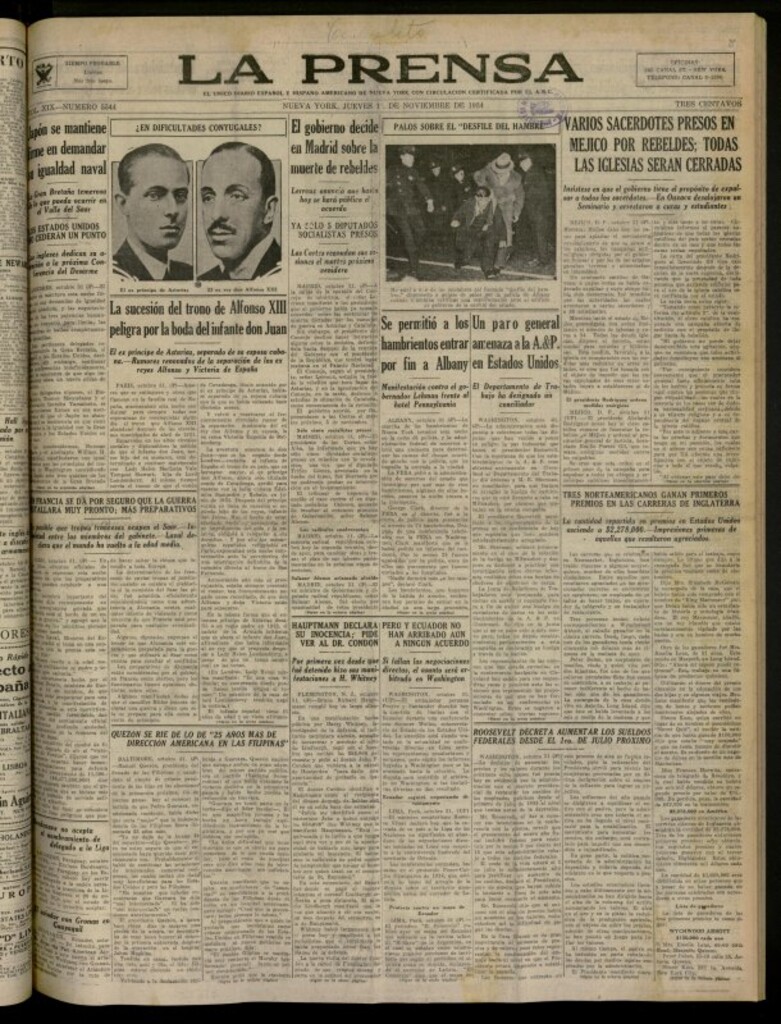 Miniatura de La Prensa: único diario español e hispano americano en Nueva York del 1 de noviembre de 1934, nº 5544