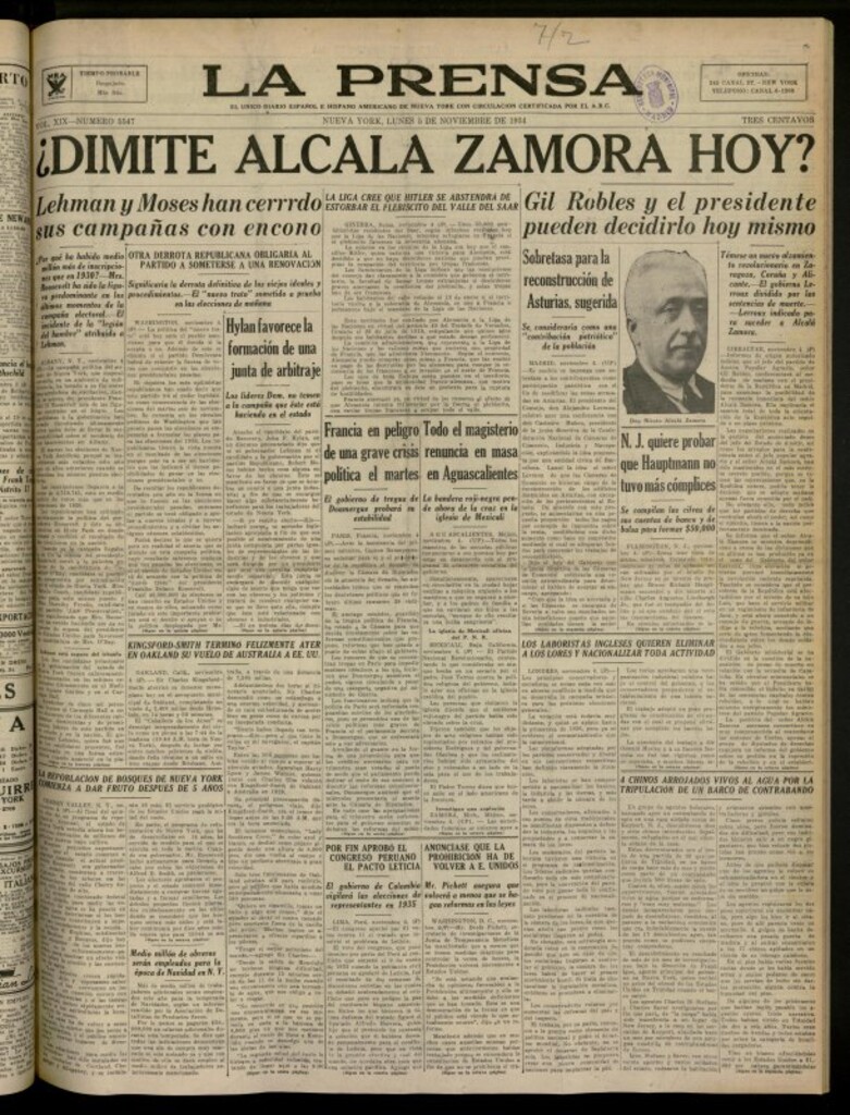 Miniatura de La Prensa: único diario español e hispano americano en Nueva York del 5 de noviembre de 1934, nº 5547
