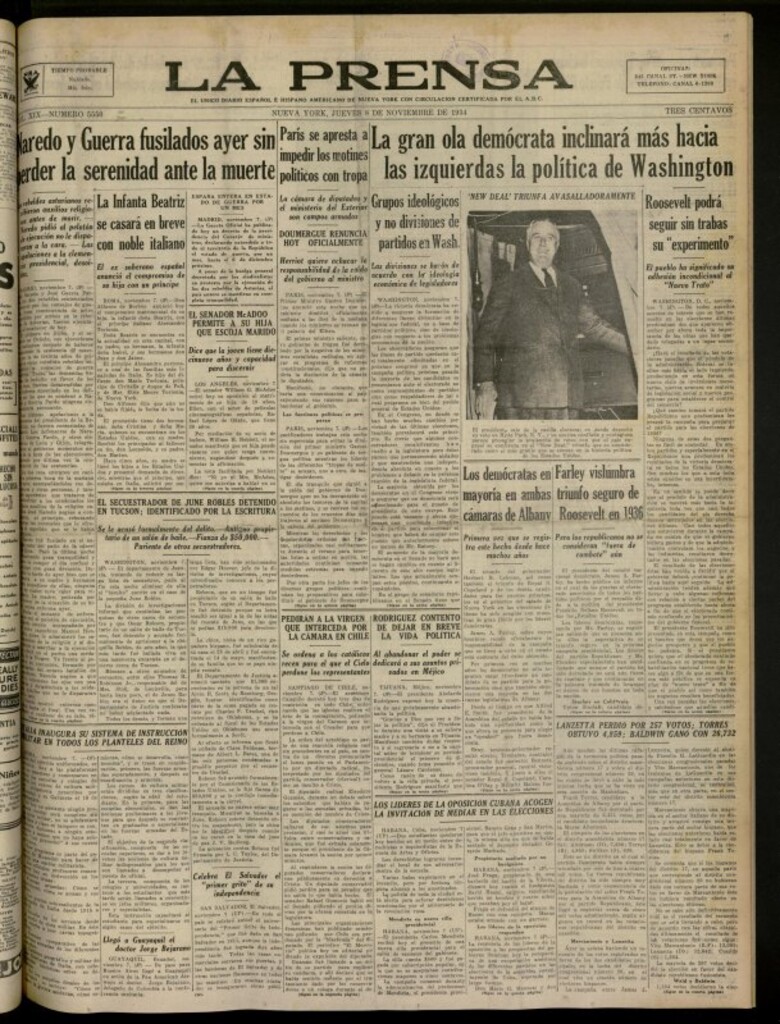Miniatura de La Prensa: único diario español e hispano americano en Nueva York del 8 de noviembre de 1934, nº 5550