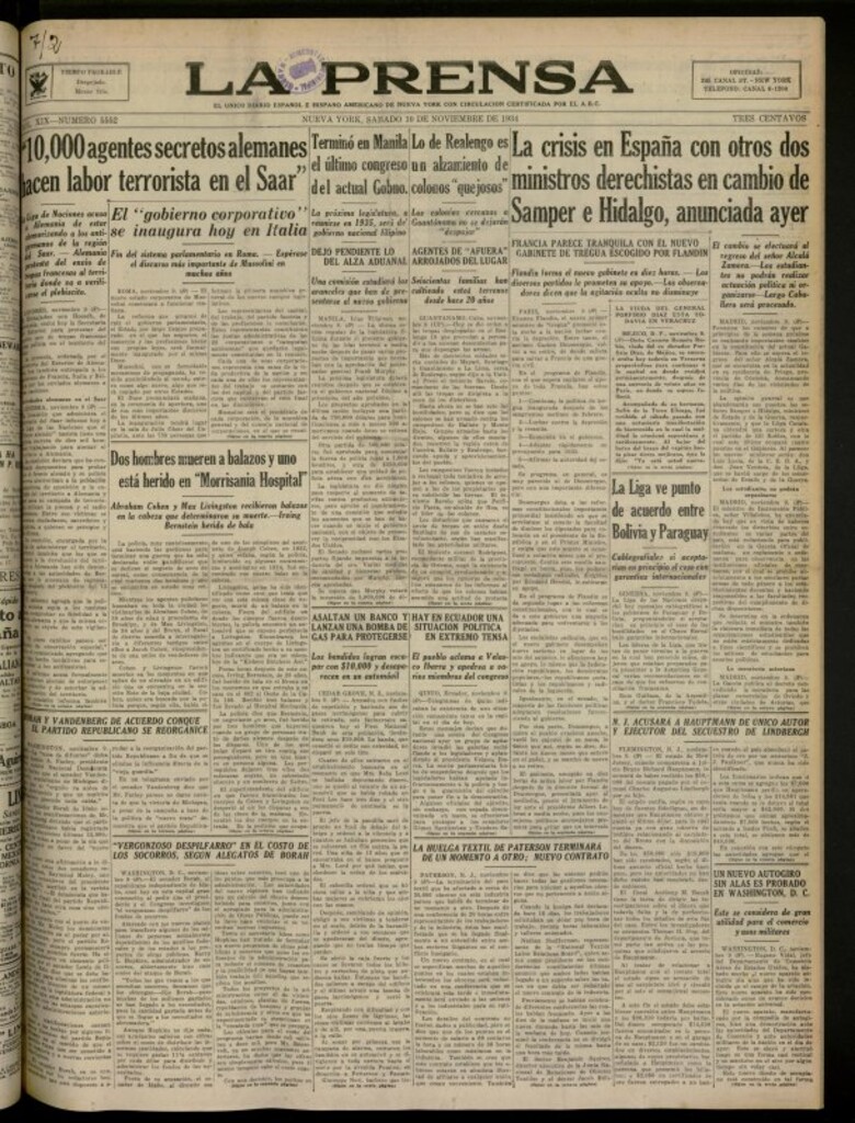 Miniatura de La Prensa: único diario español e hispano americano en Nueva York del 10 de noviembre de 1934, nº 5552