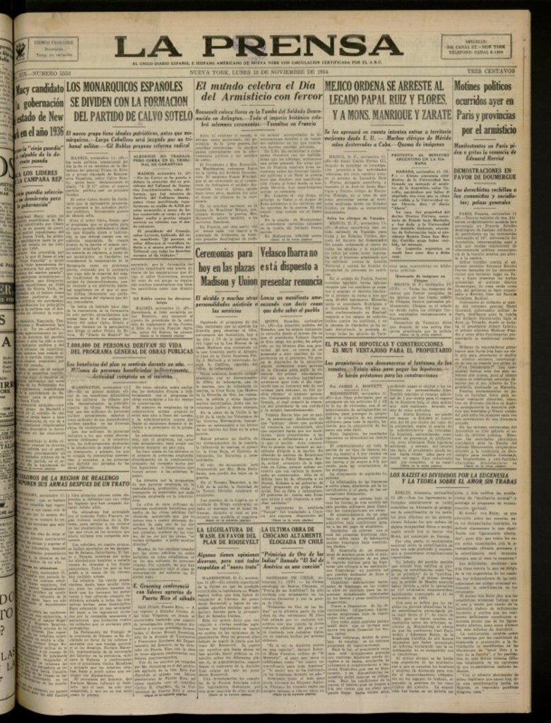 Miniatura de La Prensa: único diario español e hispano americano en Nueva York del 12 de noviembre de 1934, nº 5553