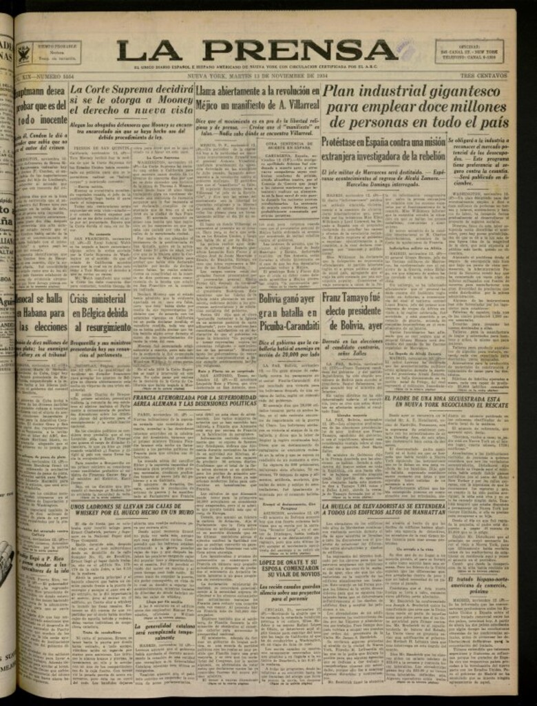 Miniatura de La Prensa: único diario español e hispano americano en Nueva York del 13 de noviembre de 1934, nº 5554