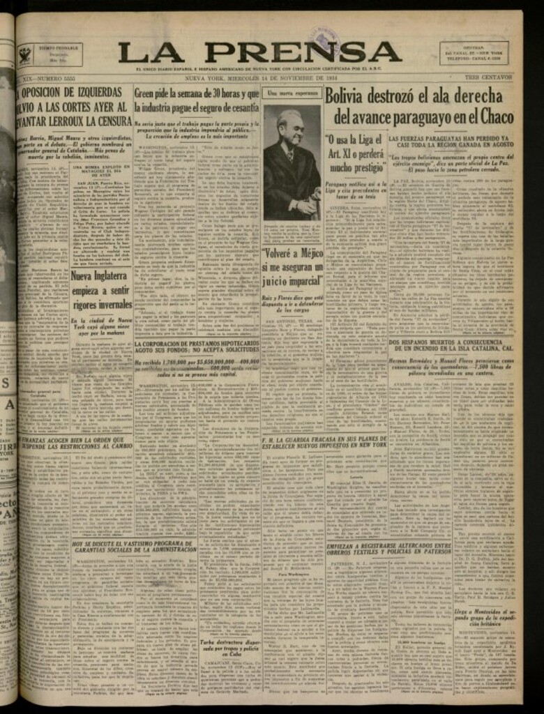 Miniatura de La Prensa: único diario español e hispano americano en Nueva York del 14 de noviembre de 1934, nº 5555