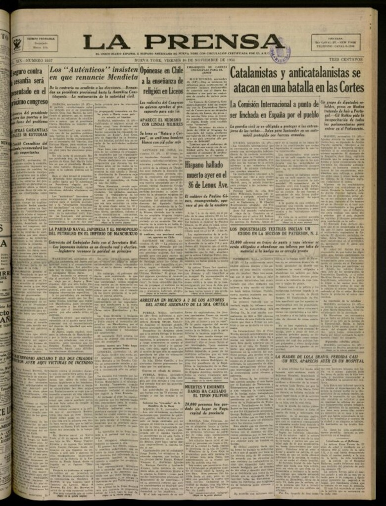 Miniatura de La Prensa: único diario español e hispano americano en Nueva York del 16 de noviembre de 1934, nº 5557