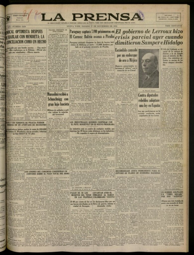 Miniatura de La Prensa: único diario español e hispano americano en Nueva York del 17 de noviembre de 1934, nº 5558