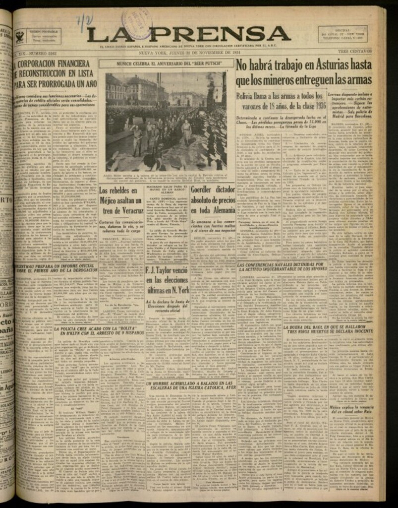 Miniatura de La Prensa: único diario español e hispano americano en Nueva York del 22 de noviembre de 1934, nº 5562