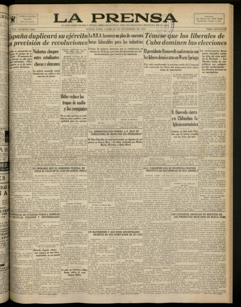 Miniatura de La Prensa: único diario español e hispano americano en Nueva York del 26 de noviembre de 1934, nº 5565