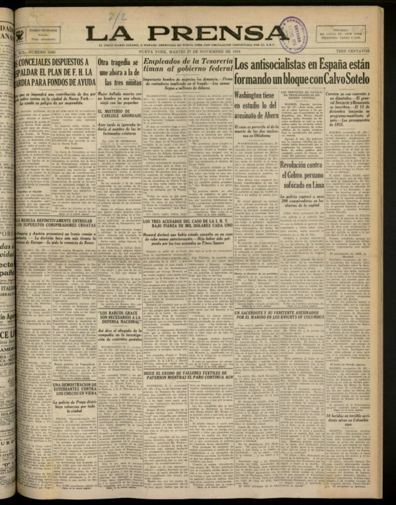 Miniatura de La Prensa: único diario español e hispano americano en Nueva York del 27 de noviembre de 1934, nº 5566