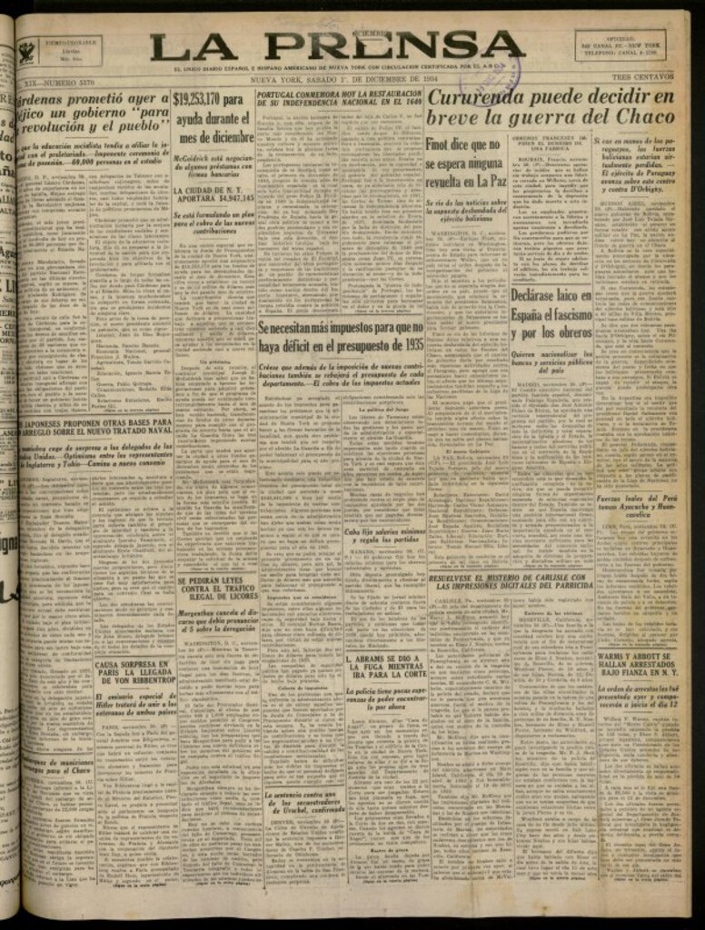 Miniatura de La Prensa: único diario español e hispano americano en Nueva York del 1 de diciembre de 1934, nº 5570