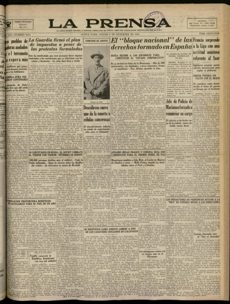 Miniatura de La Prensa: único diario español e hispano americano en Nueva York del 6 de diciembre de 1934, nº 5574