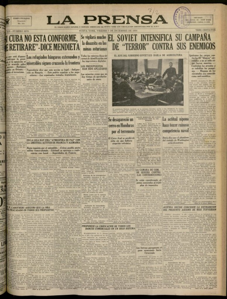 Miniatura de La Prensa: único diario español e hispano americano en Nueva York del 7 de diciembre de 1934, nº 5575