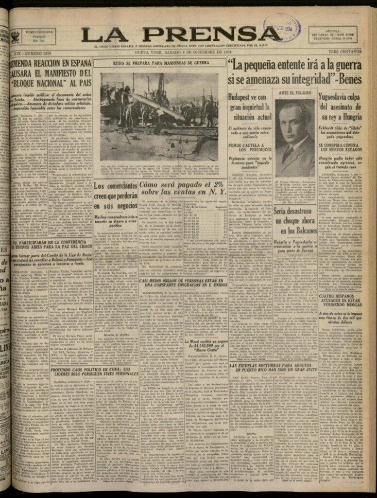 Miniatura de La Prensa: único diario español e hispano americano en Nueva York del 8 de diciembre de 1934, nº 5576