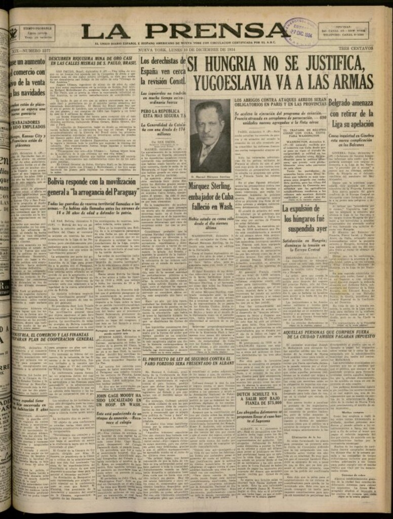 Miniatura de La Prensa: único diario español e hispano americano en Nueva York del 10 de diciembre de 1934, nº 5577