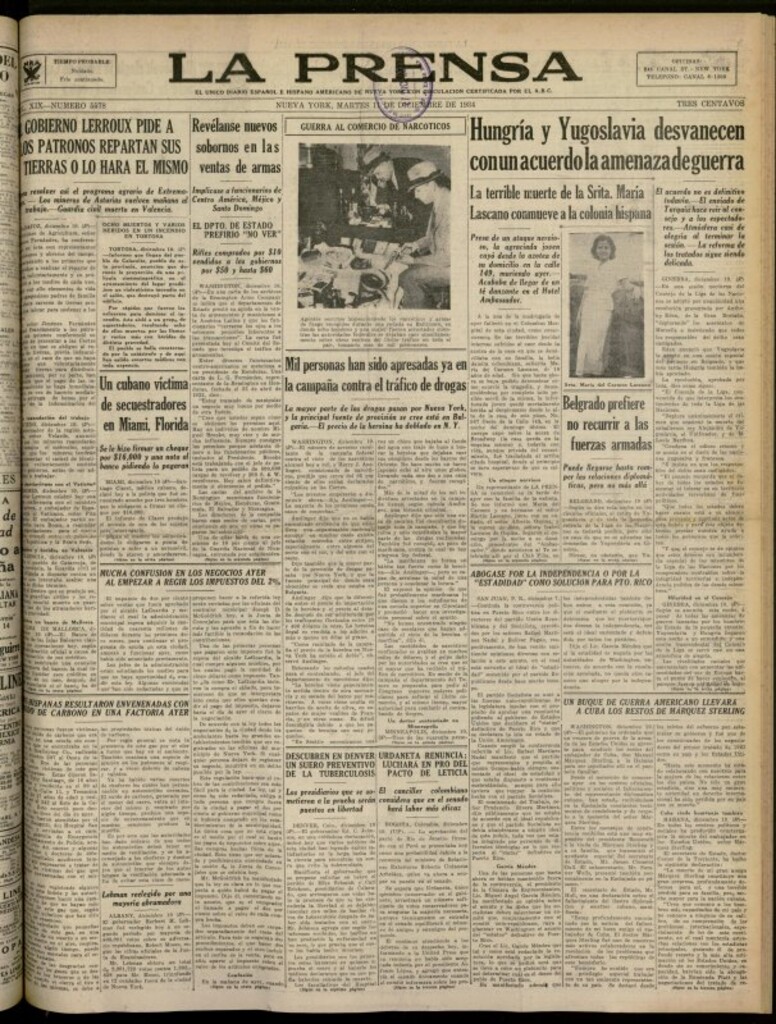 Miniatura de La Prensa: único diario español e hispano americano en Nueva York del 11 de diciembre de 1934, nº 5578