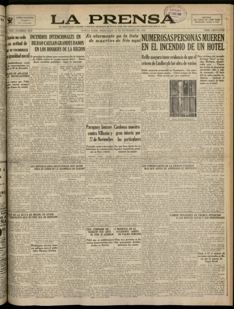 Miniatura de La Prensa: único diario español e hispano americano en Nueva York del 12 de diciembre de 1934, nº 5579