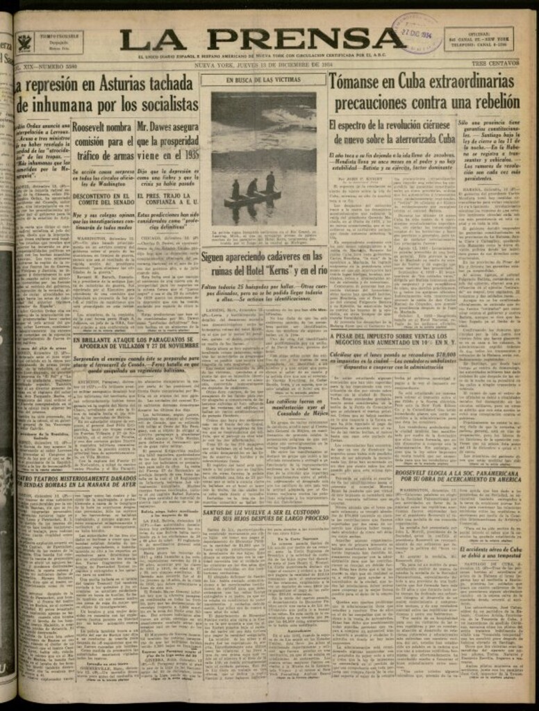 Miniatura de La Prensa: único diario español e hispano americano en Nueva York del 13 de diciembre de 1934, nº 5580