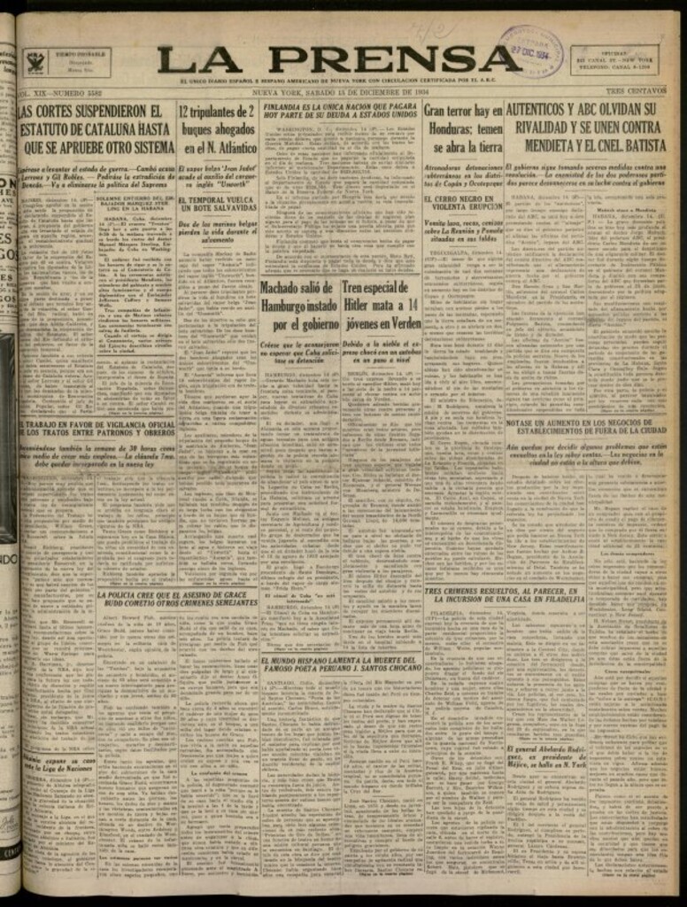 Miniatura de La Prensa: único diario español e hispano americano en Nueva York del 15 de diciembre de 1934, nº 5582