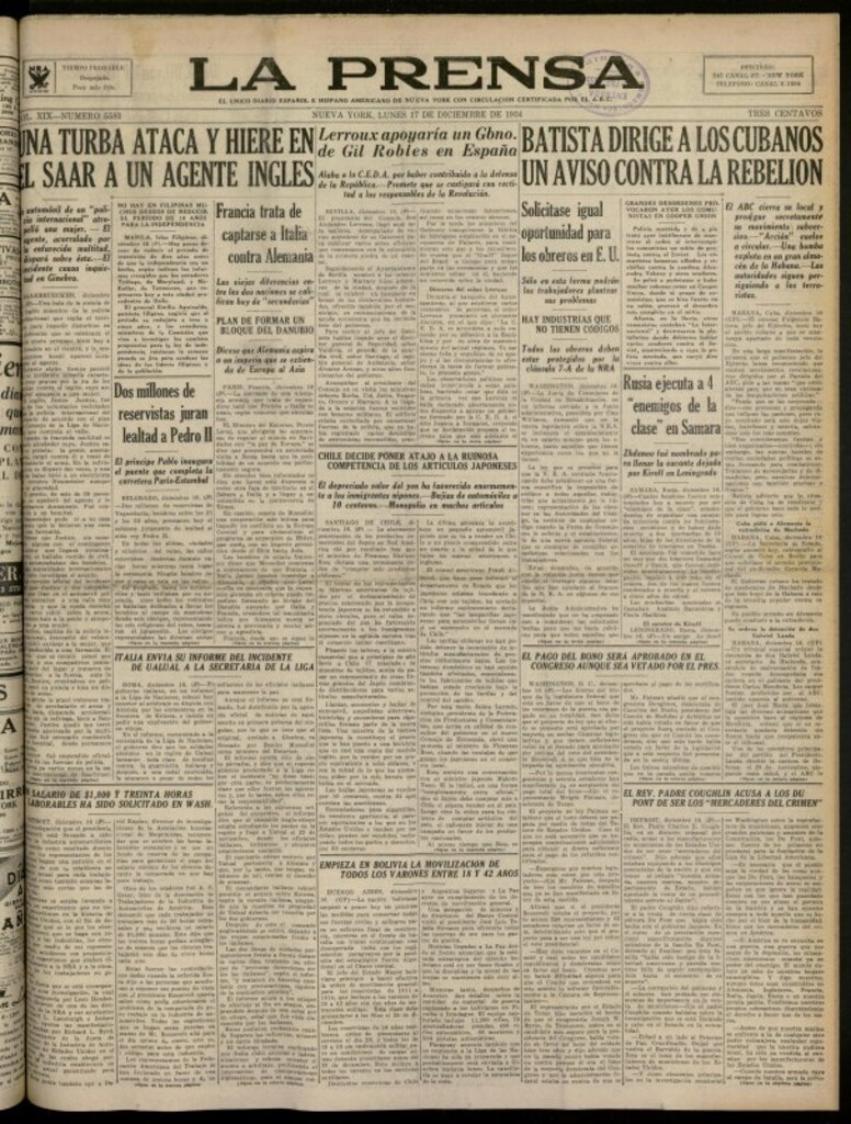 Miniatura de La Prensa: único diario español e hispano americano en Nueva York del 17 de diciembre de 1934, nº 5583