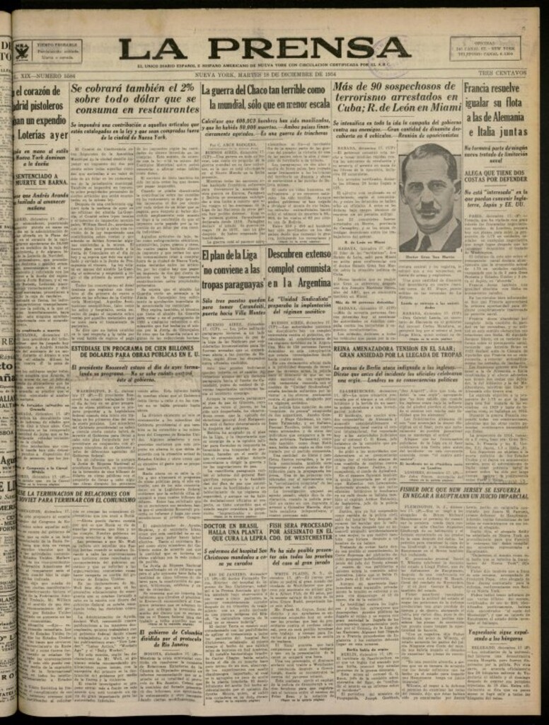 Miniatura de La Prensa: único diario español e hispano americano en Nueva York del 18 de diciembre de 1934, nº 5584