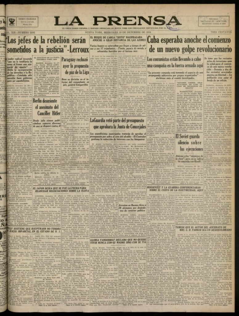 Miniatura de La Prensa: único diario español e hispano americano en Nueva York del 19 de diciembre de 1934, nº 5585