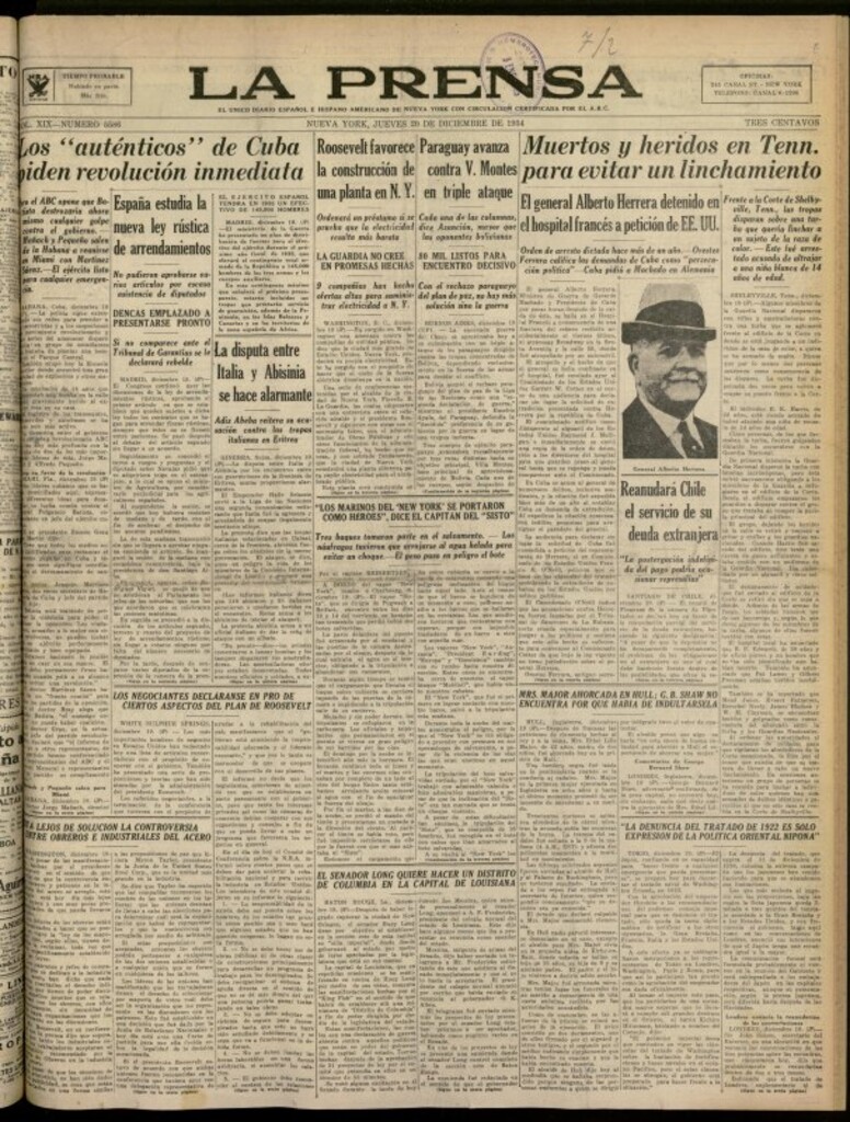 Miniatura de La Prensa: único diario español e hispano americano en Nueva York del 20 de diciembre de 1934, nº 5586