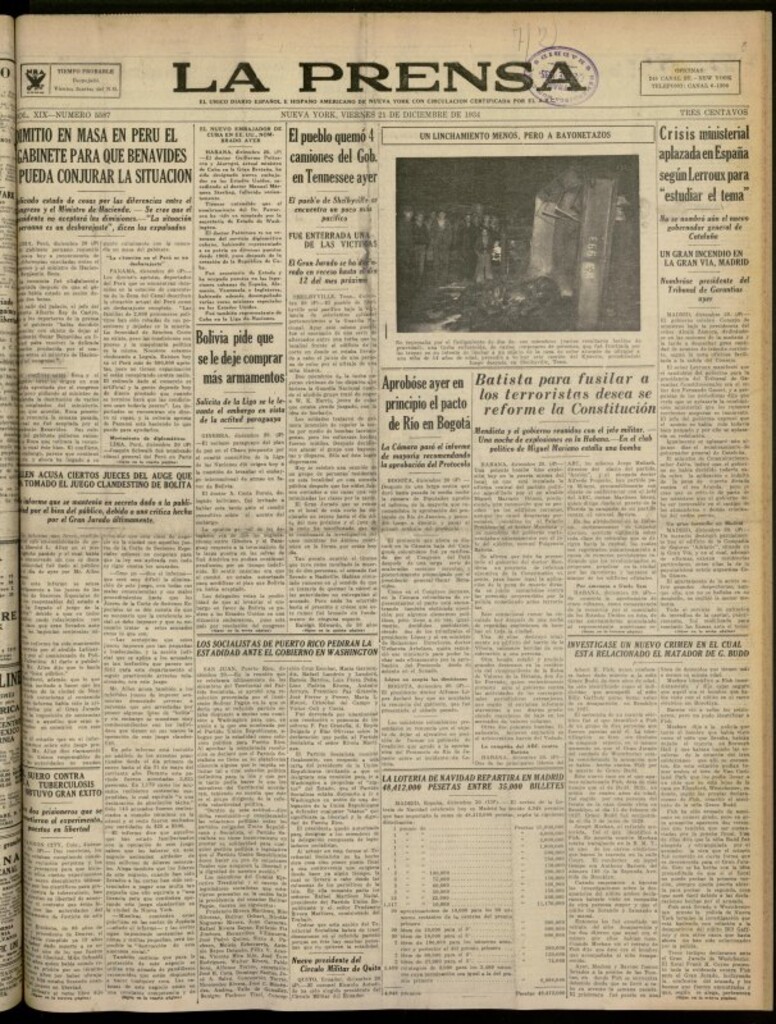 Miniatura de La Prensa: único diario español e hispano americano en Nueva York del 21 de diciembre de 1934, n º 5587