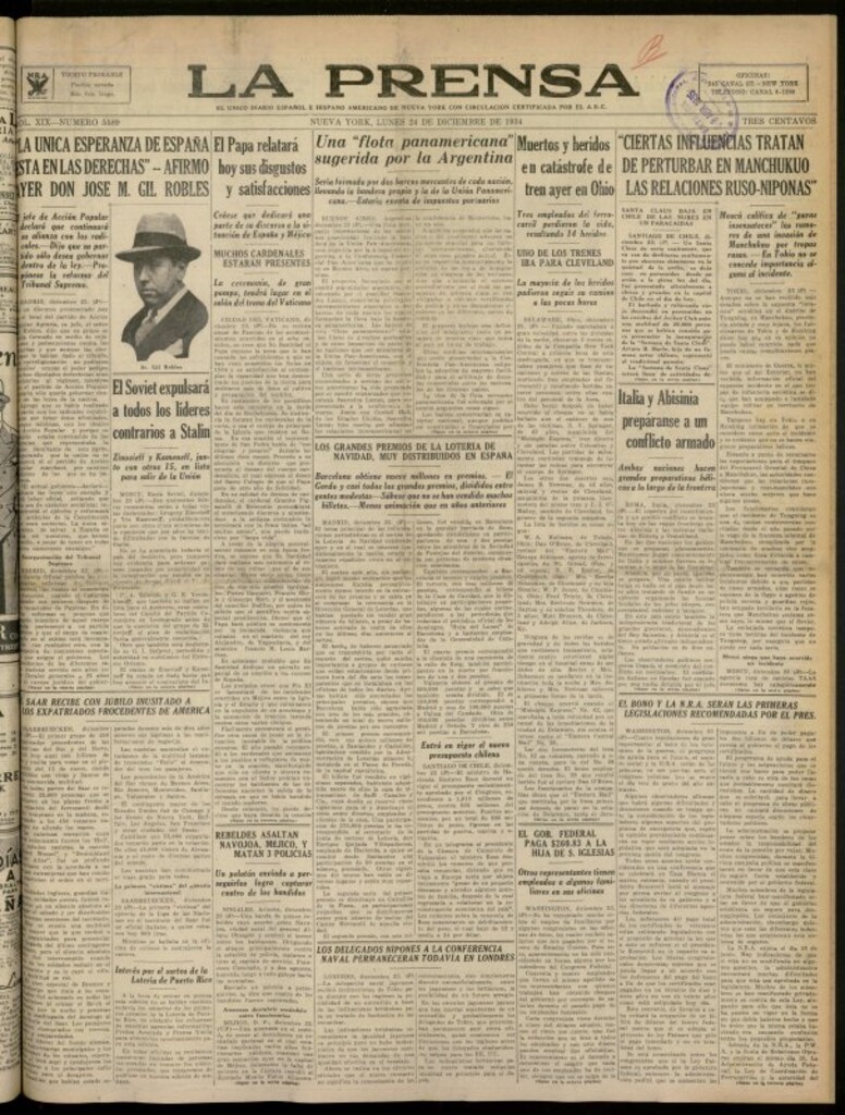 Miniatura de La Prensa: único diario español e hispano americano en Nueva York del 24 de diciembre de 1934, nº 5589