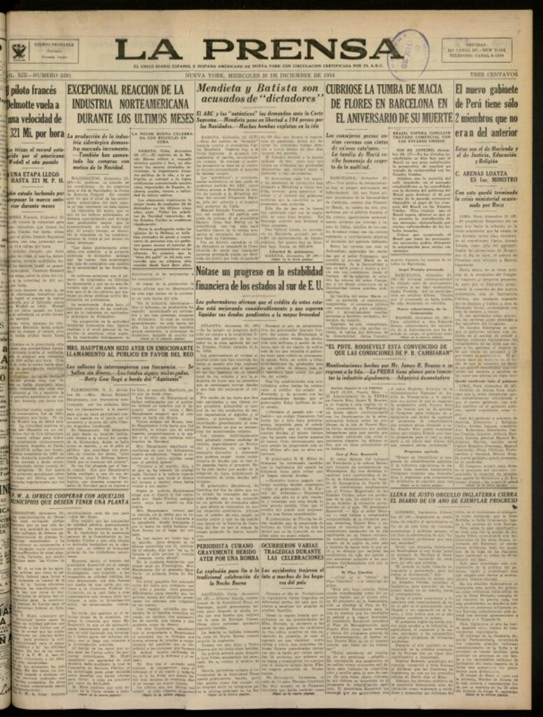 Miniatura de La Prensa: único diario español e hispano americano en Nueva York del 26 de diciembre de 1934, nº 5591